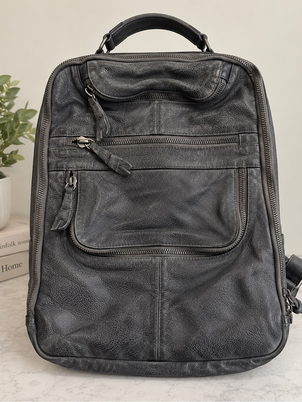 Free People Black Genuine Leather Multi Pocket Backpack